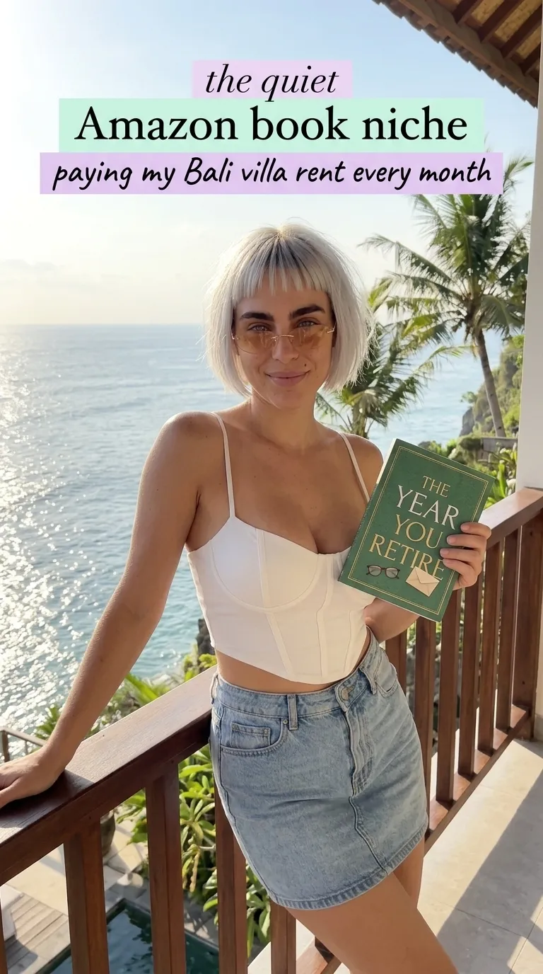 Kaia in a white top and denim skirt on an ocean-view balcony holding The Year You Retire