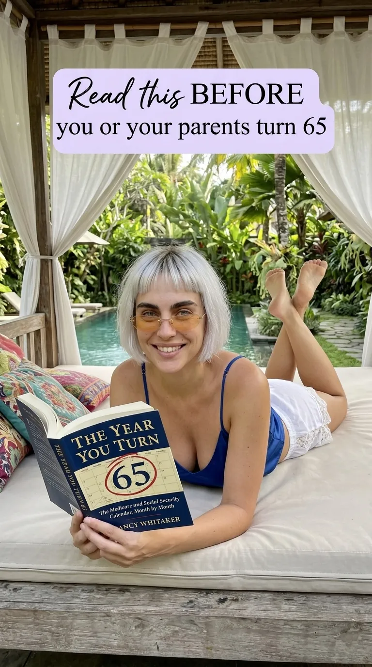 Kaia in a blue top lying on a poolside daybed holding The Year You Turn 65