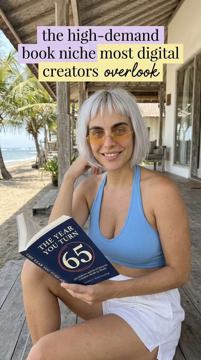 Kaia in a blue top and white shorts on a beach porch holding The Year You Turn 65