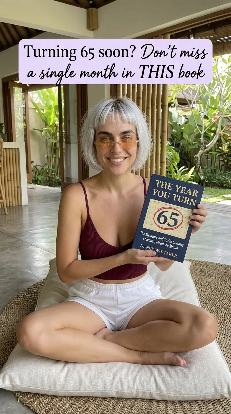 Kaia in a burgundy top sitting cross-legged on a cushion holding The Year You Turn 65