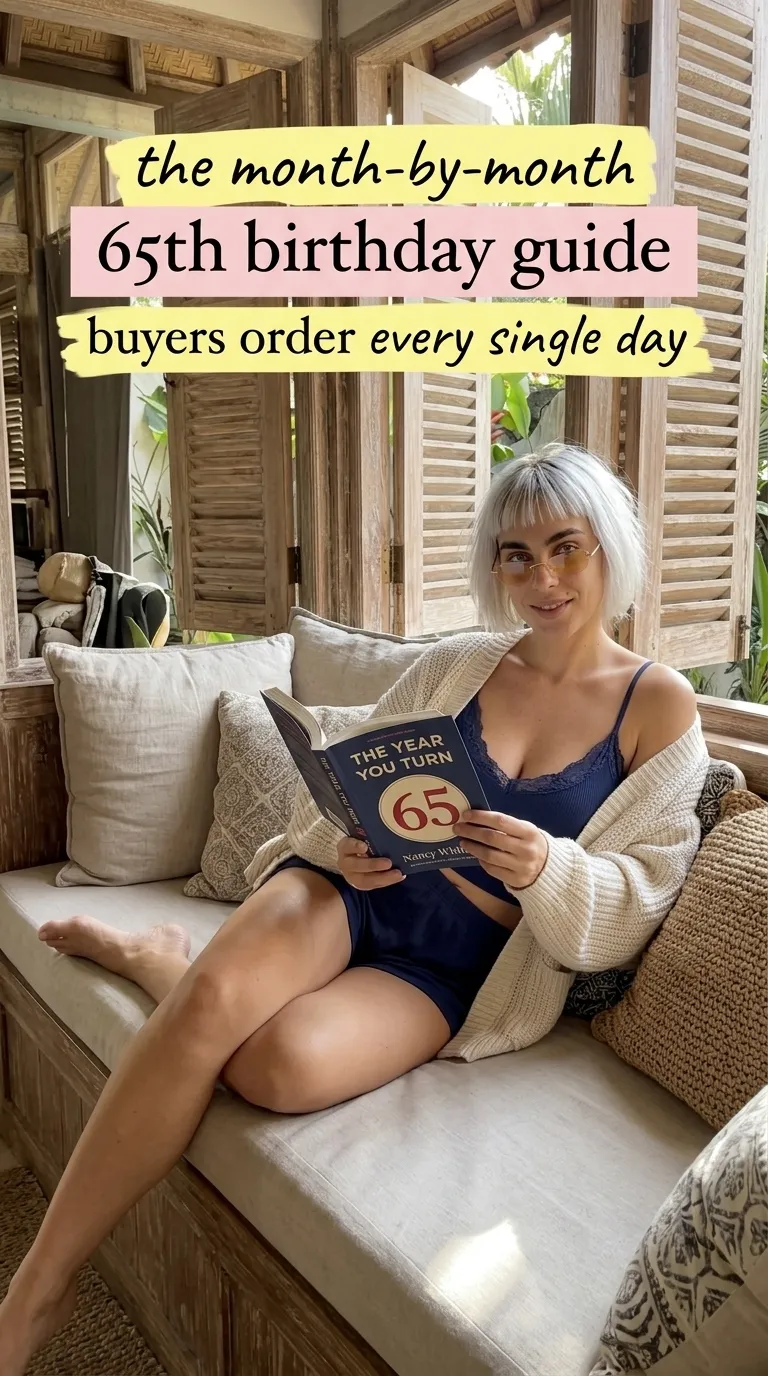 Kaia in a cream cardigan on a window daybed reading The Year You Turn 65