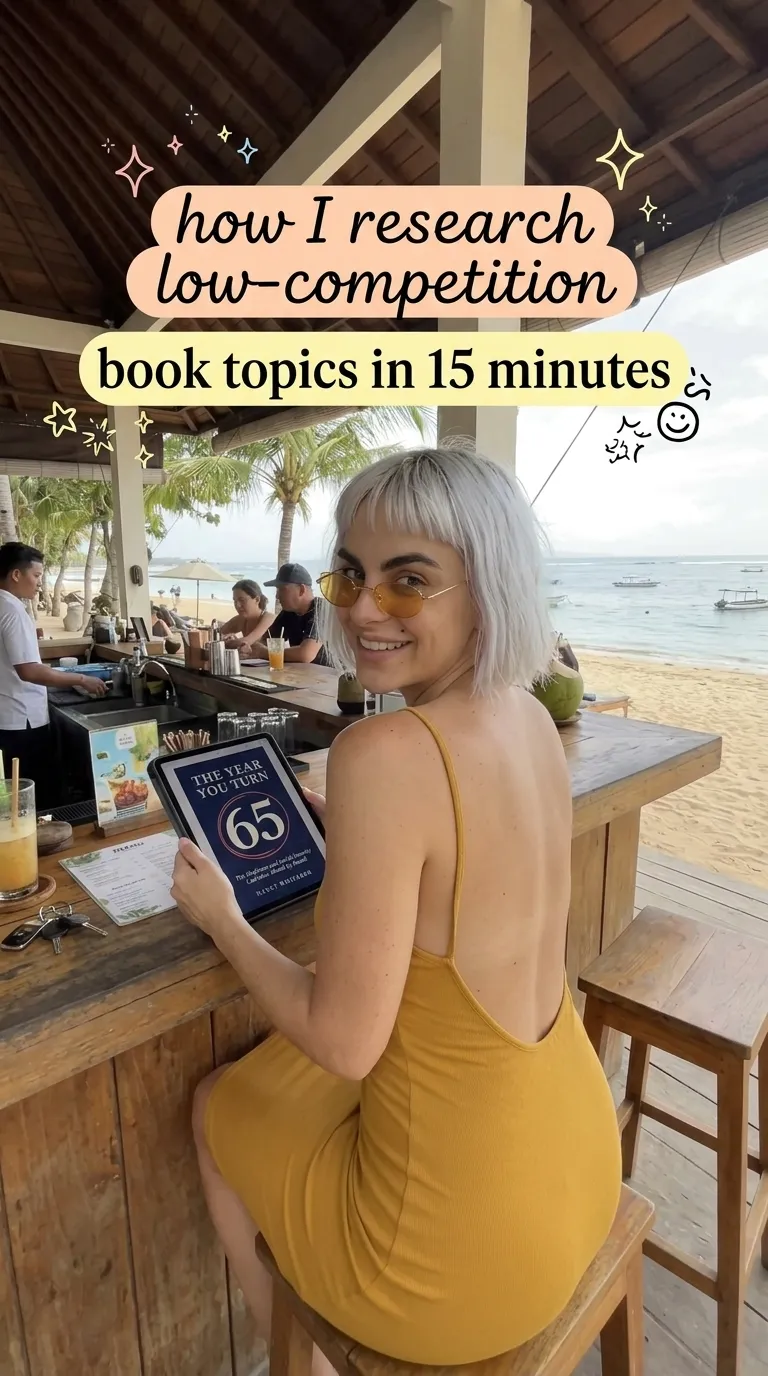 Kaia in a mustard dress at a beach bar reading The Year You Turn 65