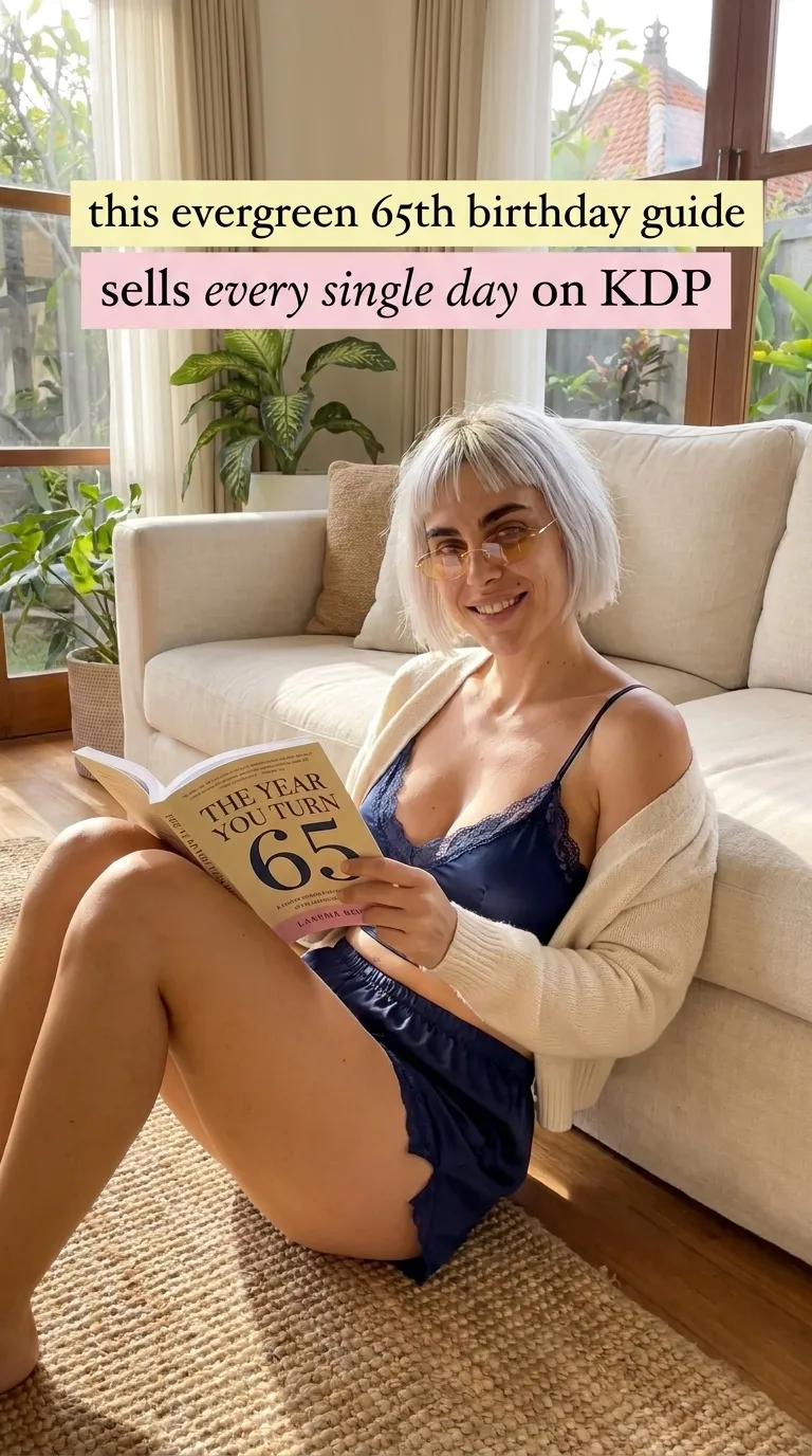 Kaia in a navy cami and cardigan sitting on a rug reading The Year You Turn 65