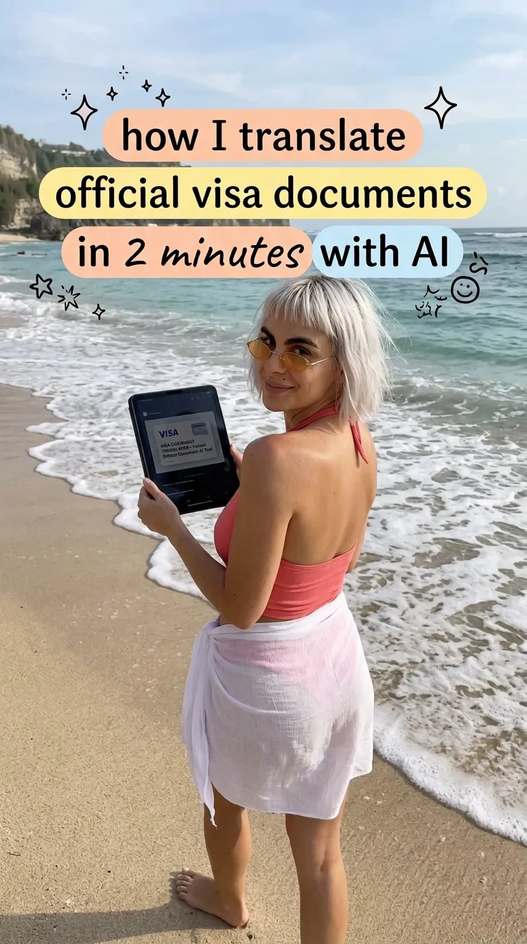 Kaia in a coral halter top and white sarong standing in the surf holding a tablet with Visa Document Translator