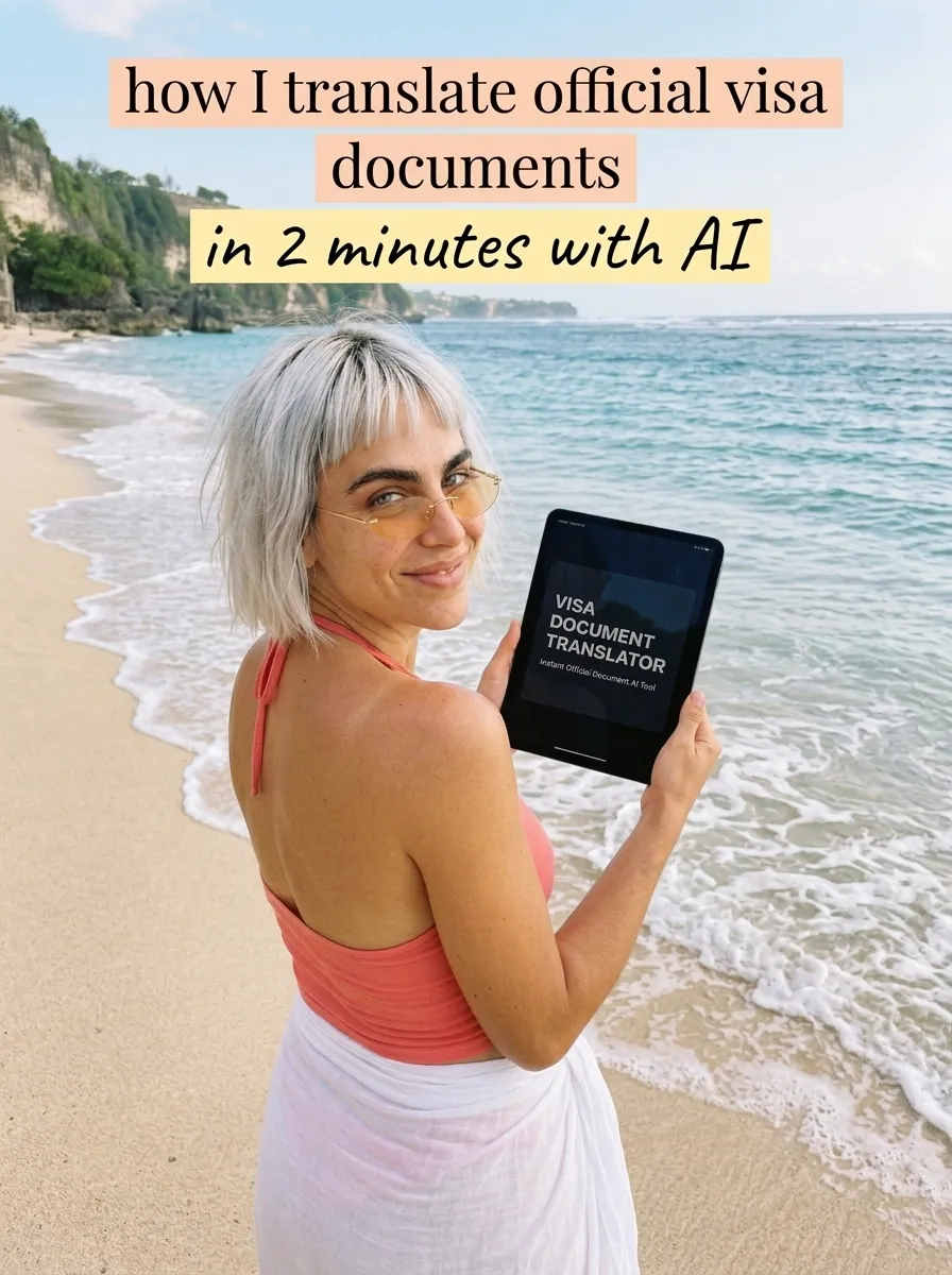 Kaia in a coral halter top and white sarong at the shoreline holding a tablet showing Visa Document Translator