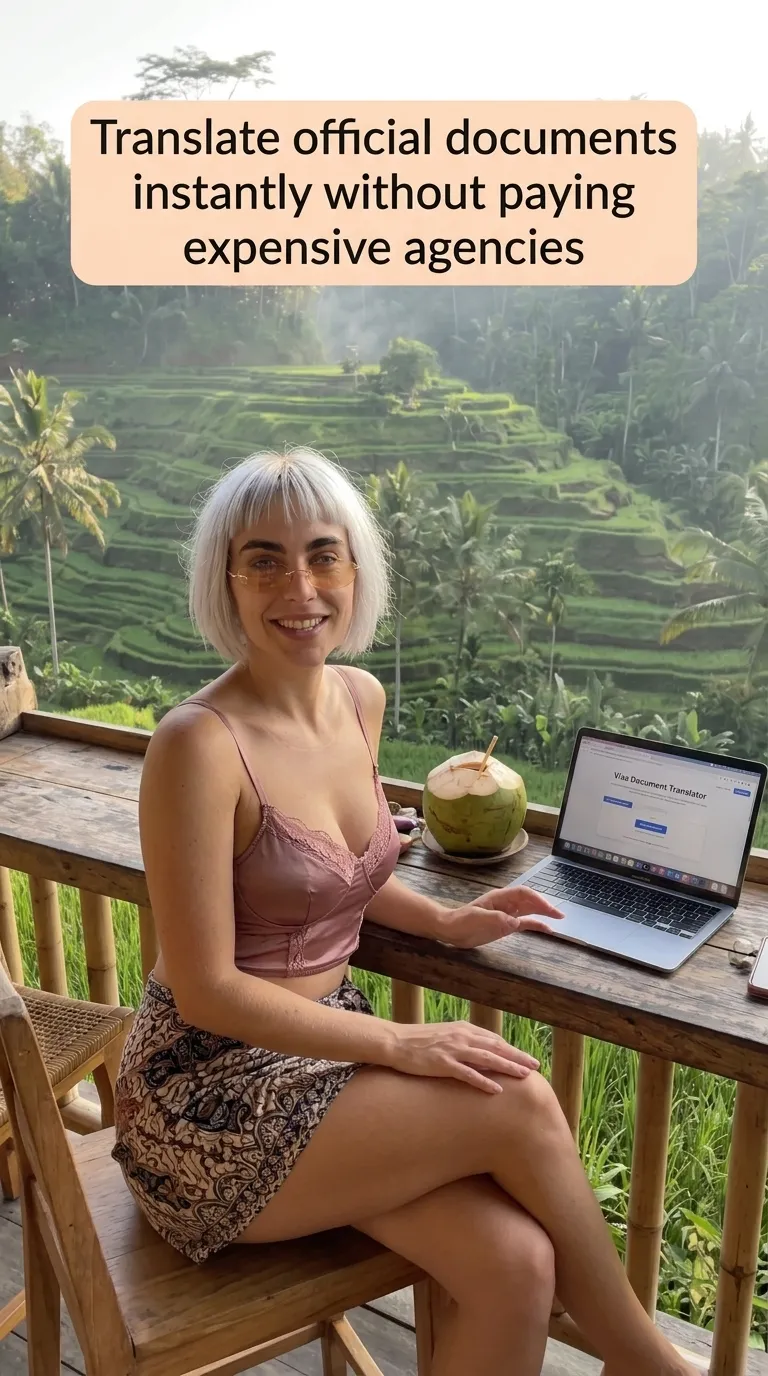 Kaia in a mauve cami and print skirt at a wooden desk facing rice terraces with a laptop showing Visa Document Translator