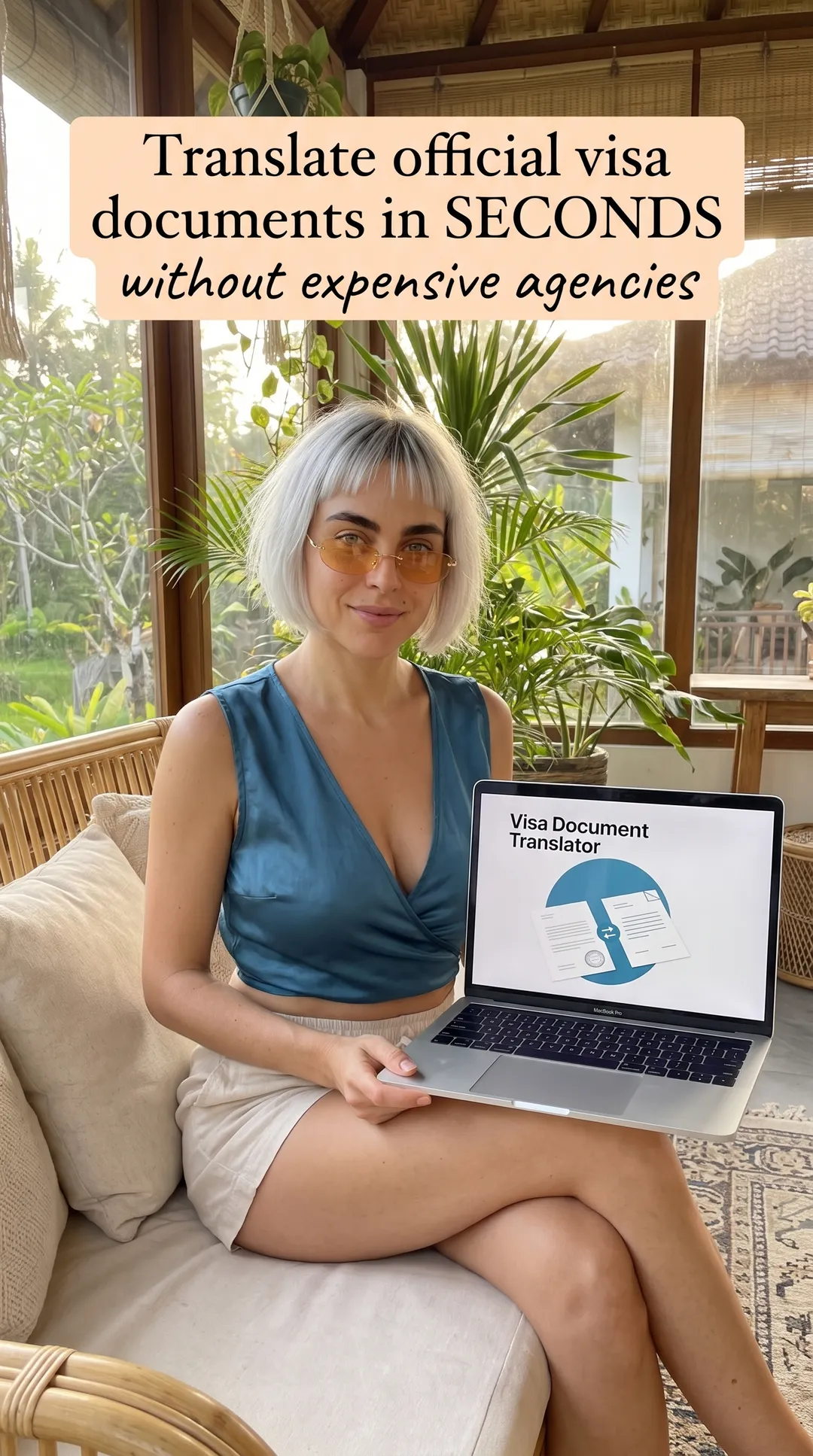 Kaia in a teal sleeveless top and cream shorts on a rattan sofa with a laptop showing Visa Document Translator