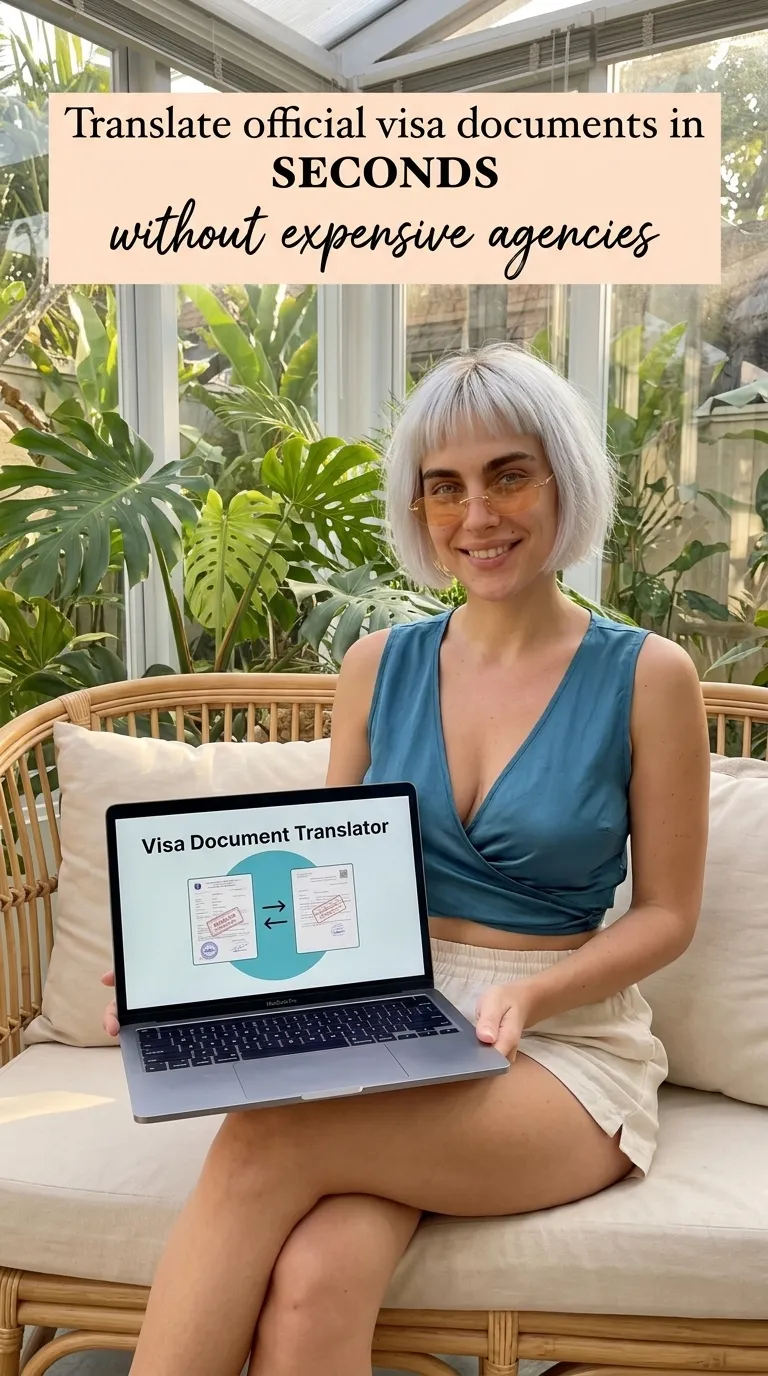 Kaia in a teal top on a rattan sofa in a glass sunroom with a laptop showing Visa Document Translator