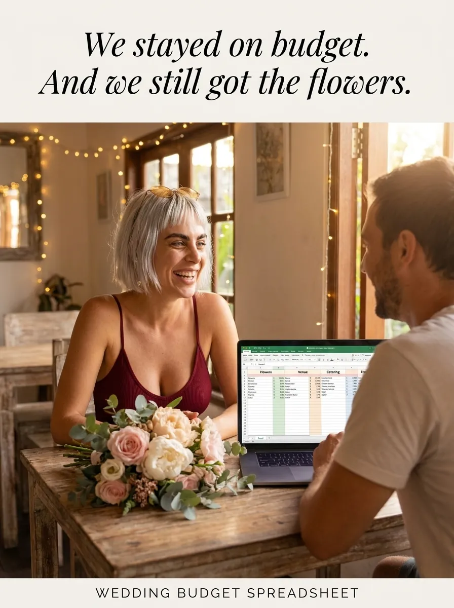 Kaia in a burgundy top with her partner at a wooden table, a laptop spreadsheet and a rose bouquet between them