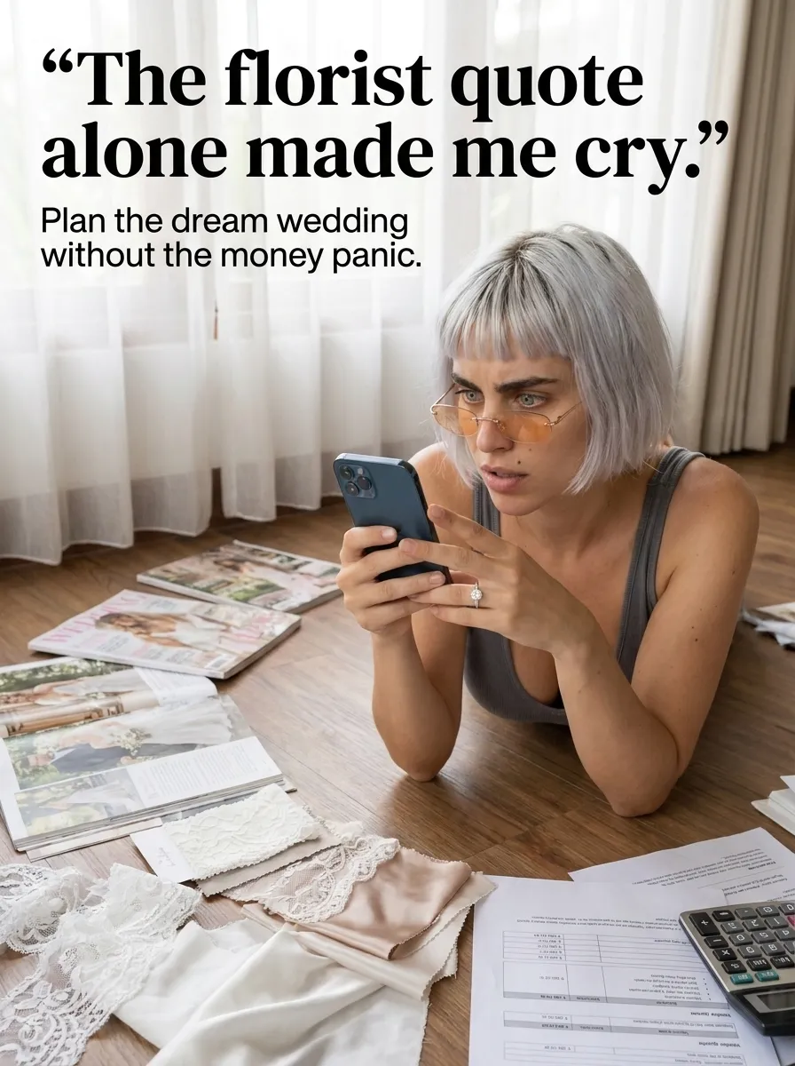 Kaia in a gray tank top lying on the floor looking at her phone among fabric swatches, magazines and a calculator
