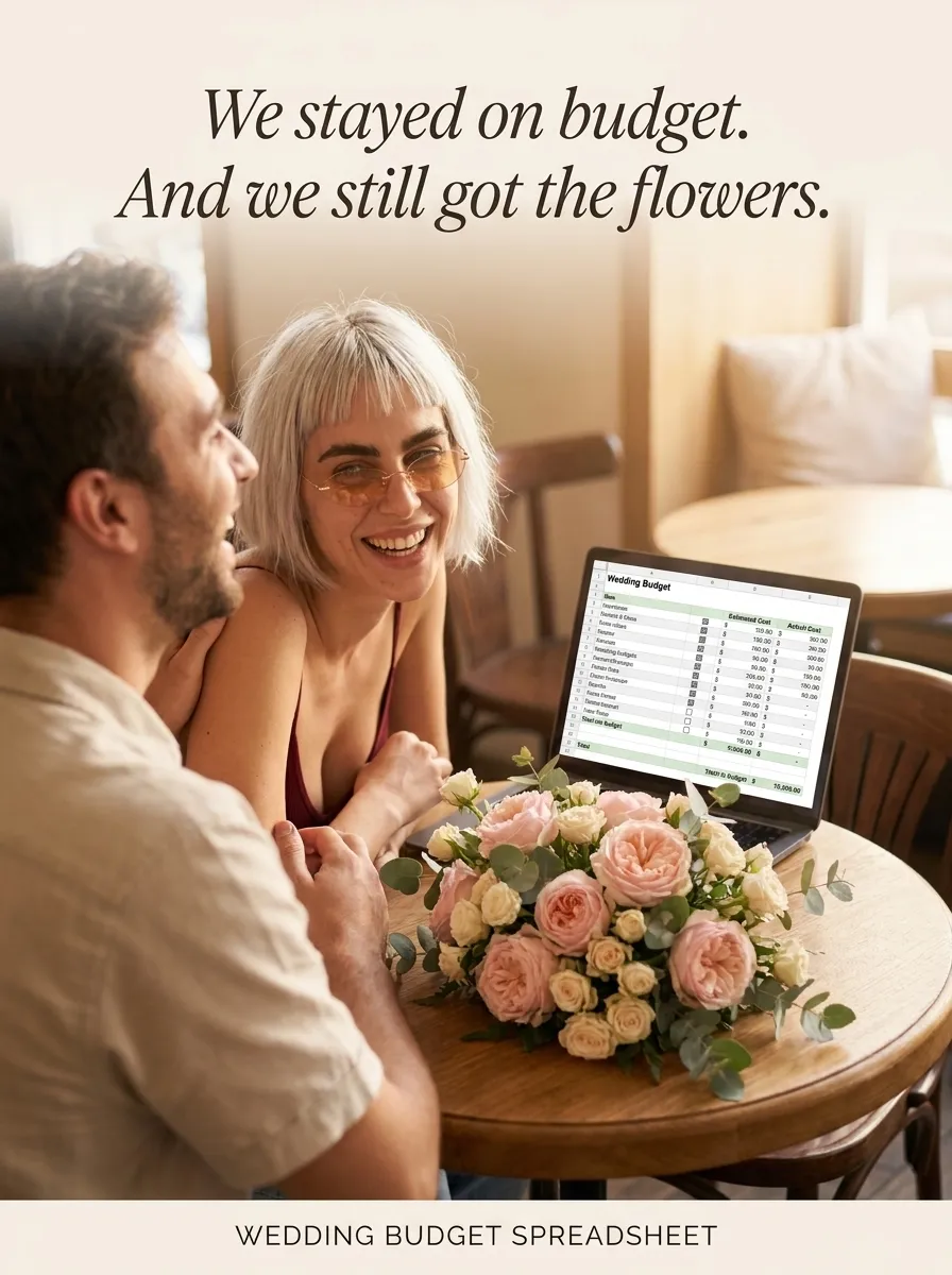 Kaia and her partner smiling at a round table with a pink rose bouquet and a laptop showing a wedding budget sheet