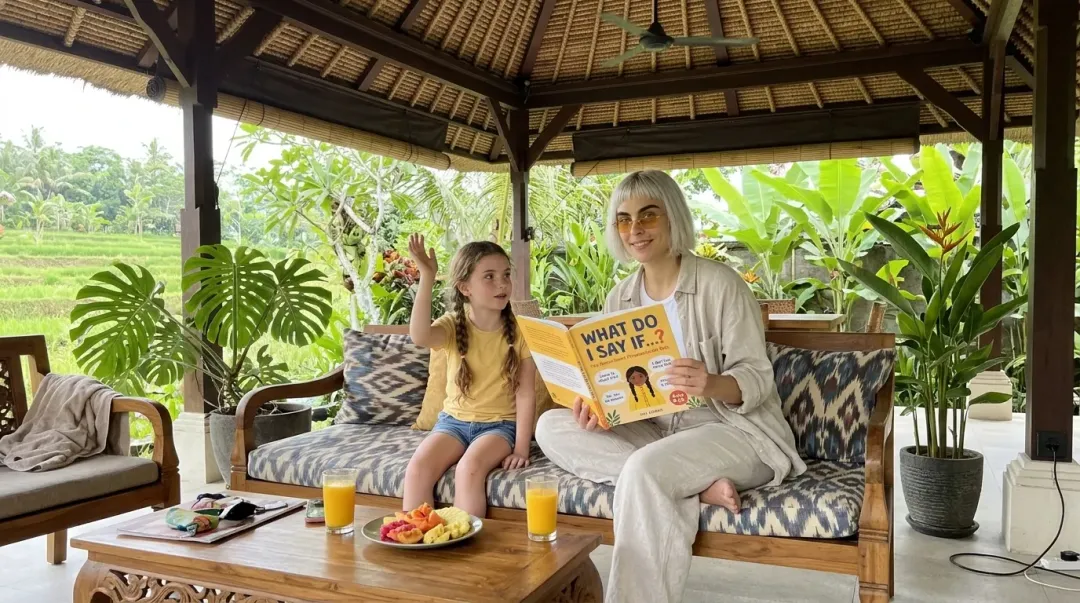 Kaia reading What Do I Say If...? aloud on a villa sofa while her daughter raises her hand