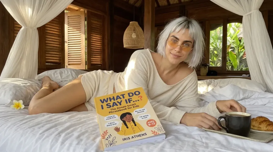Kaia in a cream lounge set in bed with coffee and a copy of What Do I Say If...?