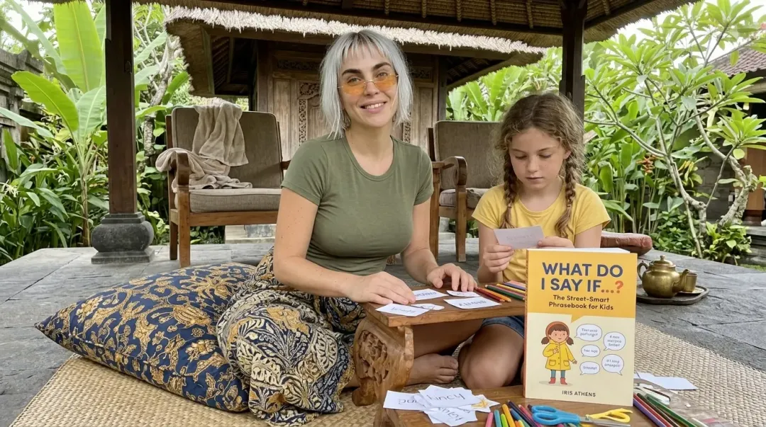 Kaia and her daughter sorting practice cards beside What Do I Say If...? on batik cushions