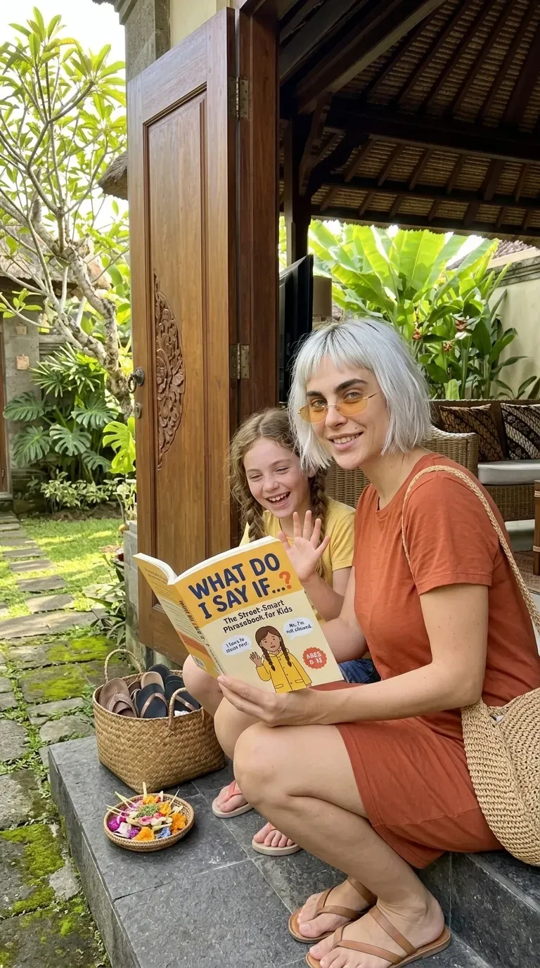 Kaia and her daughter reading What Do I Say If...? together on a garden step at a Bali villa