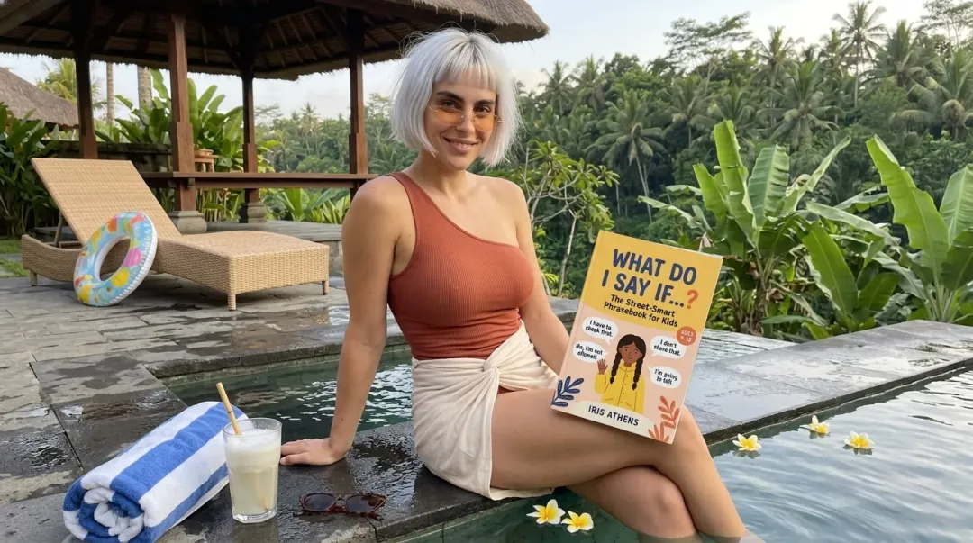 Kaia in a rust one-shoulder top holding What Do I Say If...? at the edge of a plunge pool